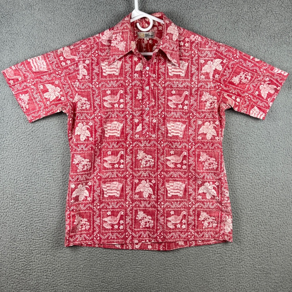 Reyn Spooner Mens Red Hawaiian Flag Nene Goose Reverse Print popover Shirt L